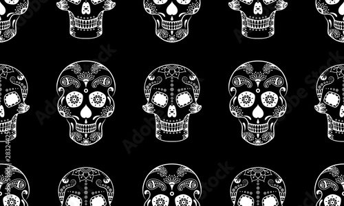 Vector seamless pattern of white sugar skull with doodle floral pattern on black background. Dia de Muertos sugar skull background