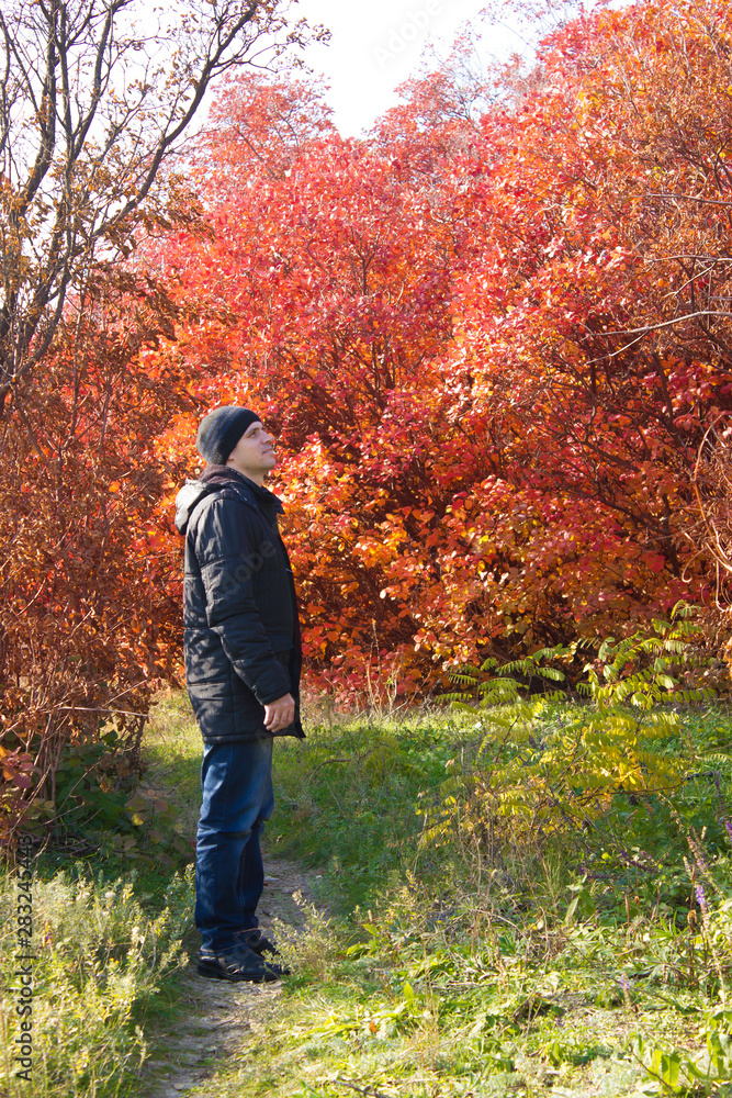 Young man autumn on walk through nature among trees, pensive