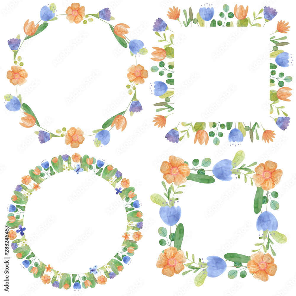set of hand-drawn watercolor frames of stylized flowers set of hand-drawn watercolor frames of stylized flowers
