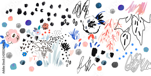 Creative art floral background with different shapes and textures. Artistic collage. Trendy Graphic Design for banner, poster, cover, invitation, placard, brochure, header. Abstract art