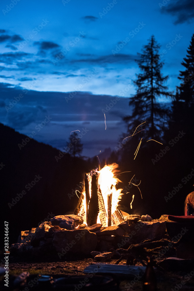 Camping bonfire with yellow and red flames in summer, forest. Copy space. - obrazy, fototapety, plakaty 
