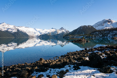 sunny day at shore of garibaldi lake canada