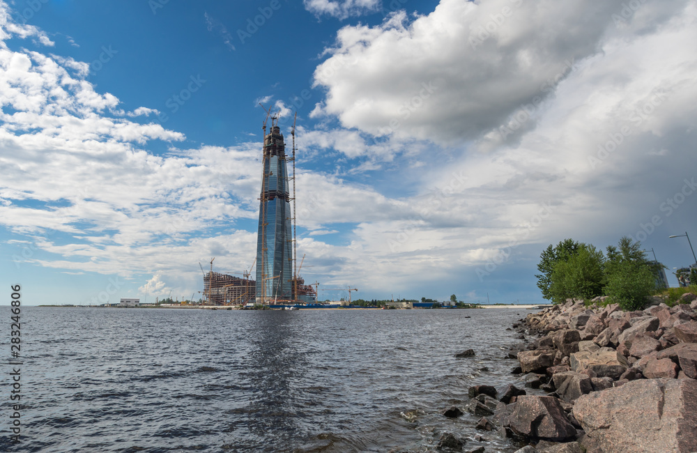 Panoramic view of Lakhta Center and the Finnish Gulf