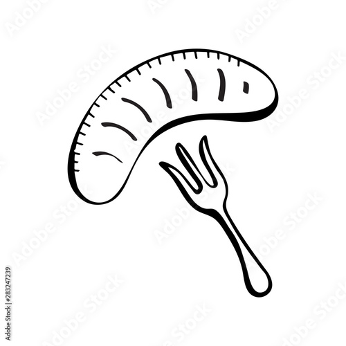 Sausage on the fork black-and-white lines. Beer snack. Oktoberfest festival themed illustrations for badge, sticker, patch, label, badge, certificate or banner advertising