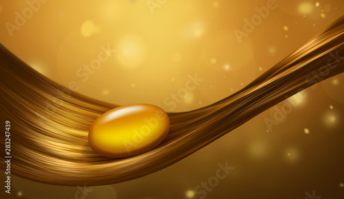 Hair is embracing vitamins treatment :  Vitamins Capsule Treatment for Deeply Nourished Hairline on golden Bokeh background illustration . photo