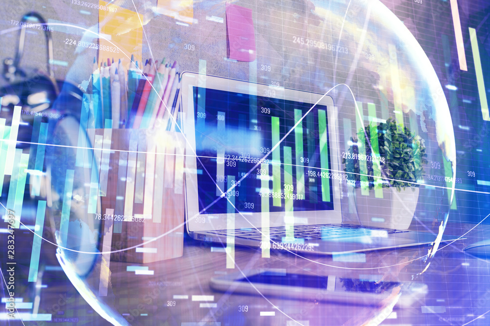 Double exposure of business theme icons and work space with computer background. Concept of success. Double exposure of business theme icons and work space with computer background. Concept of success.