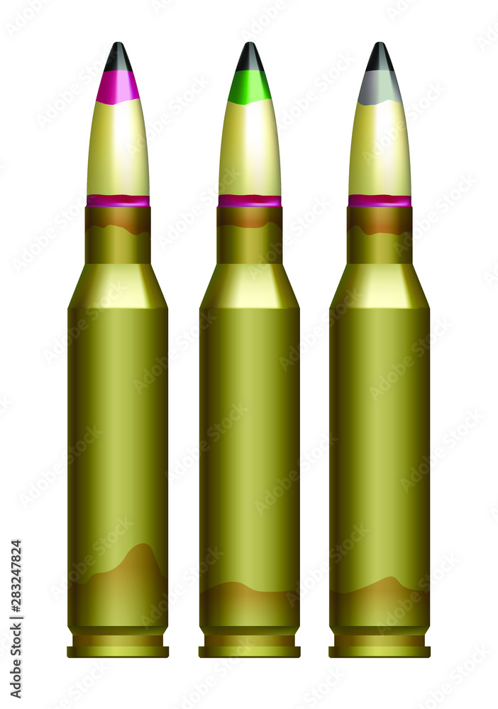 Large caliber guns cartridge with bullets marked of different colors. Large caliber guns cartridge with bullets marked of different colors.