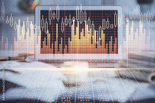 Multi exposure of forex chart and work space with computer. Concept of international online trading. © peshkova