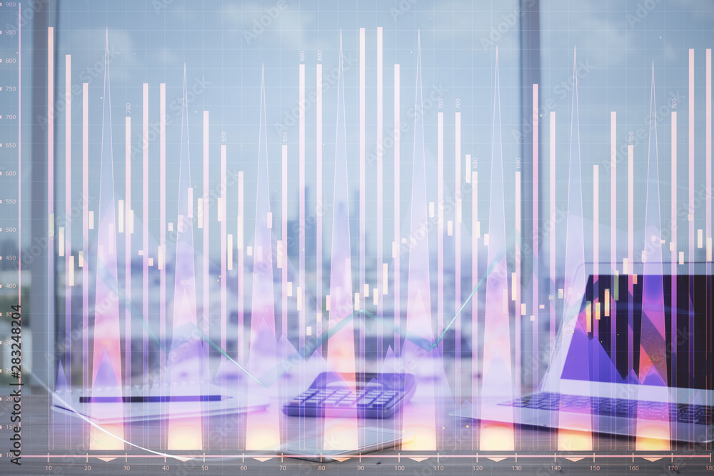 Stock market graph on background with desk and personal computer. Double exposure. Concept of financial analysis. Stock market graph on background with desk and personal computer. Double exposure. Concept of financial analysis.