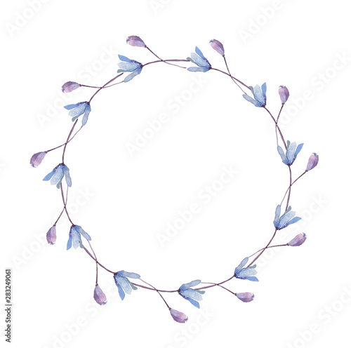 Wreath of purple and blue watercolor flowers on a white background