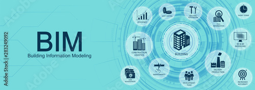 Building Information Modeling (BIM) concept web banner with Key aspects of the BIM industry with icons on a nice blue background. Web site vector illustration