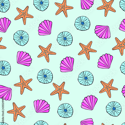 Seamless pattern with shells and starfishes. Marine background. Sketch style. Great for greetings, invitations, wrapping paper, textile, wedding, wallpaper  and web design. Vector illustration