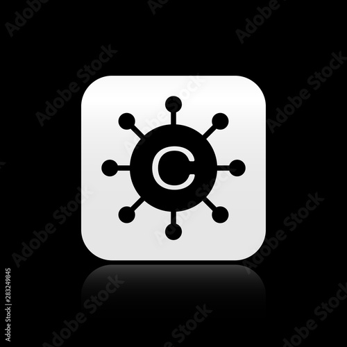 Black Copywriting network icon isolated on black background. Content networking symbol. Copyright sign. Copywriting network sign. Silver square button. Vector Illustration