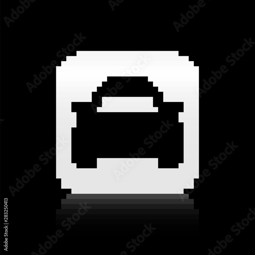 Black Police car and police flasher icon isolated on black background. Emergency flashing siren. Silver square button. Vector Illustration