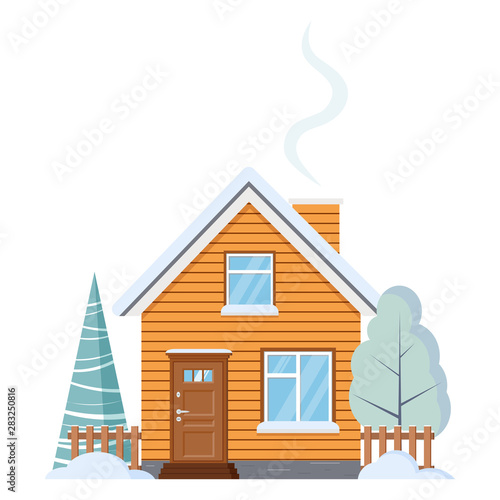 Flat design isolated wooden rural farm house with attic, chimney, fences, with snowy winter tree and spruce.