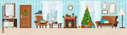 Cozy new year decorated corridor living room interior with christmas tree, fireplace, armchair, couch, cup, rack, coffe table, window