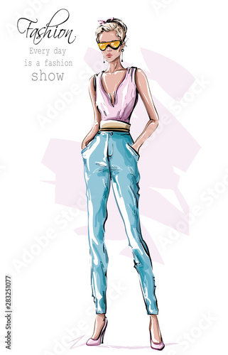 Hand drawn beautiful young woman in sunglasses. Stylish outfit. Fashion woman look. Sketch. Vector illustration.