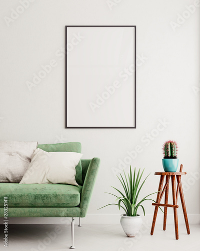 Vertical mock up poster frame in olive green modern interior background, living room, Scandinavian style, 3D render, 3D illustration