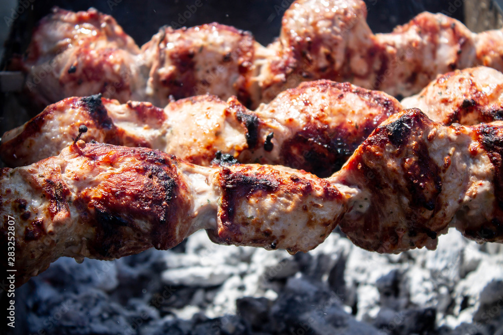 Meat fried on open fire. Barbeque close up