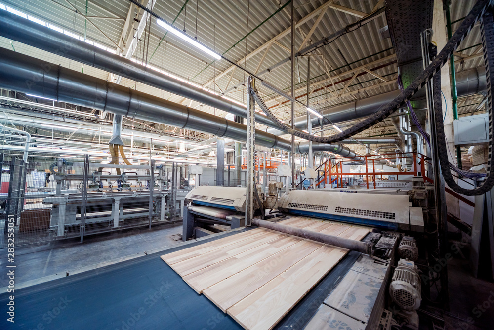 Production line of the wooden floor factory. CNC automatic woodworking machine.