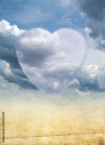 Ilustracja przedstawiająca serce na tle nieba, tło do zaproszenia na ślub, wesele.