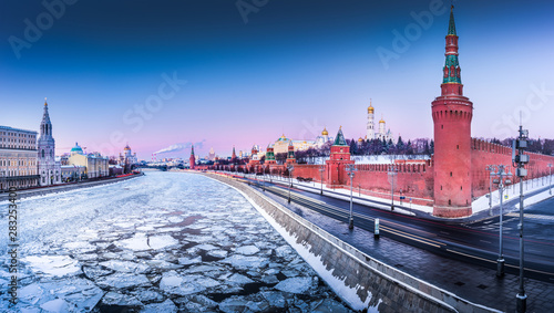 Panoramic view of the Moskva river and Kremlin's tower in Winter in Moscow, Russia