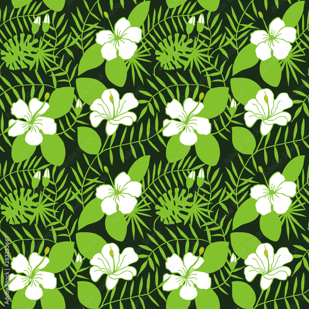 tropical flowers, leaves. seamless pattern. eps 10 vector illustration. hand drawing