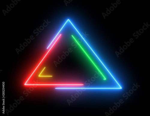 Neon colorful triangle HUD object. Swirling lines and shape of triangle with glowing neon light.