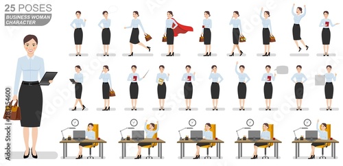 Business woman character set. Flat illustrations of business woman character in various poses.