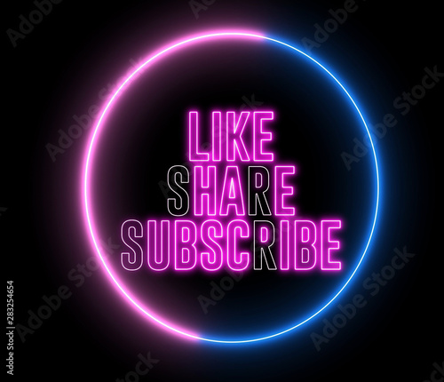 Text of "LIKE, SHARE, SUBSCRIBE" inside neon colorful circle. Social media animation.  © Ser