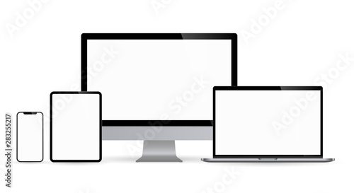 Realistic set of computer monitors desktop laptop tablet and phone illustration vector illustrator Ai EPS