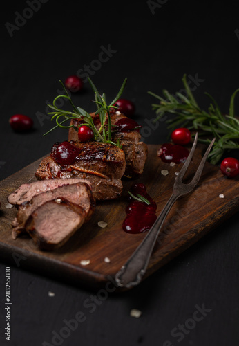 Venison or deer steak with ingredients like sea salt, rosemary and cranberry on cutting board. Food background for restaurant.