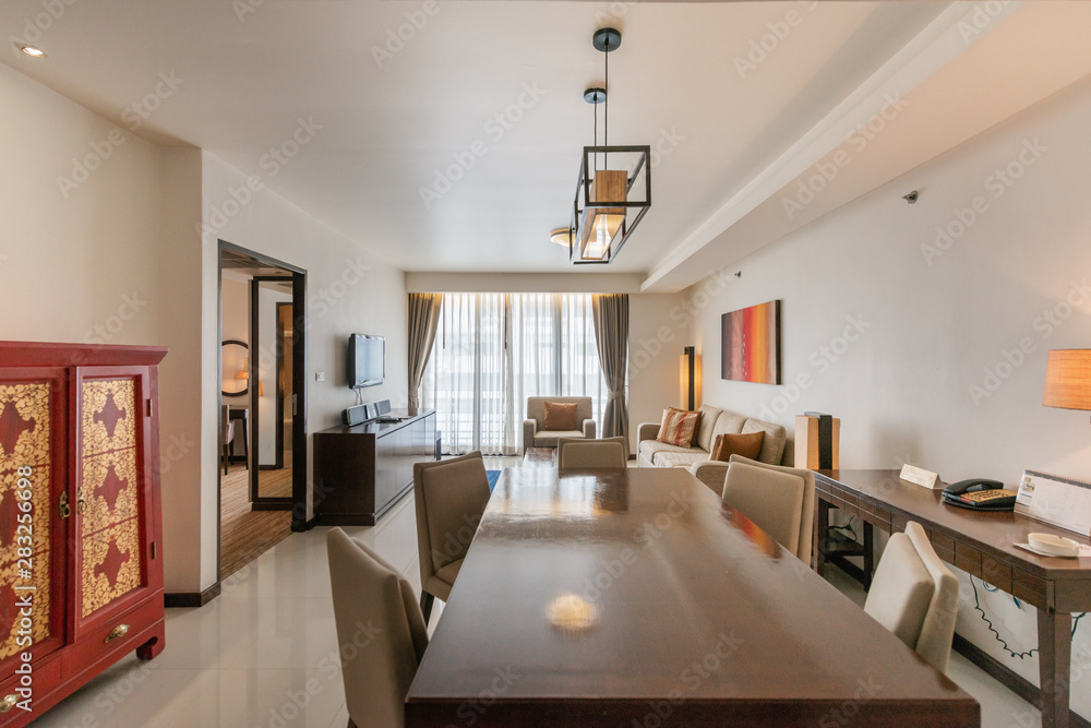 Fototapeta premium Modern living room and kitchen in small apartment