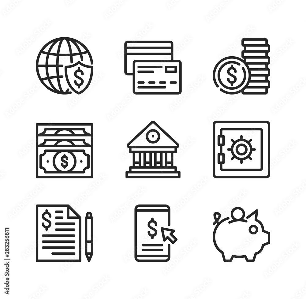 Banking line icons. Money, business, bank, financial concepts. Simple outline symbols, modern linear graphic elements collection. Vector line icons set