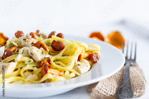 Pasta with chanterelles and chicken on white plate. Spaghetti with chanterelle. Italian food.