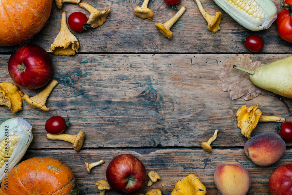 Autumn seasonal vegetables and fruits (pumpkin, pear, apples, corn, chanterelles). Autumn products from the farm, or garden. Autumn seasonal vegetables and fruits (pumpkin, pear, apples, corn, chanterelles). Autumn products from the farm, or garden.