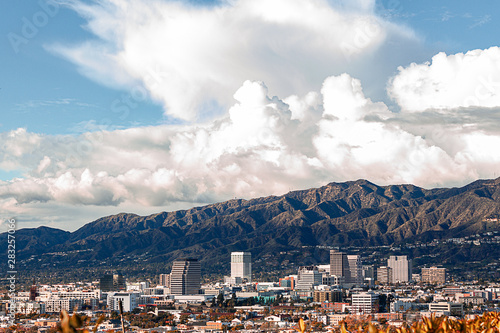 downtown glendale california skyline with san gabriel national forest