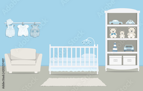 Kid's room for a newborn baby. Interior bedroom for a baby boy in a blue color. There is a cot, a wardrobe with toys, armchair, baby clothes and other things in the picture. Vector illustration