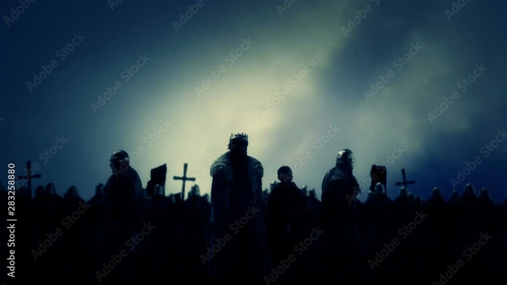 Medieval King and Priest Praying before going to War with a Massive Army behind them Medieval King and Priest Praying before going to War with a Massive Army behind them