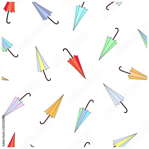 Seamless pattern with flat colored closed umbrellas, parasols, bumbershoots isolated on a white background. photo