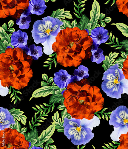 Fototapeta Naklejka Na Ścianę i Meble -  Rose flower with pansy and purple color flower seamless pattern design