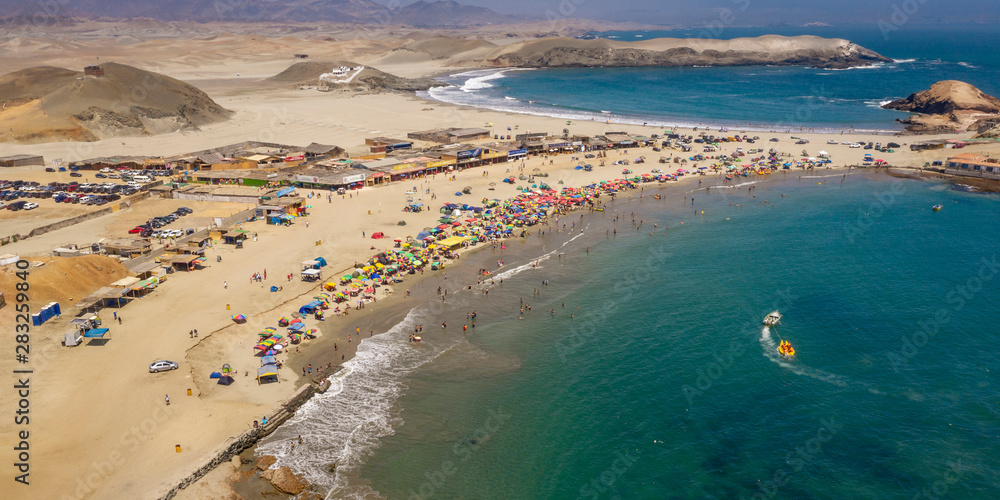 Panoramic aerial view of Pocitas beach in Huarmey, North of Lima, Peru