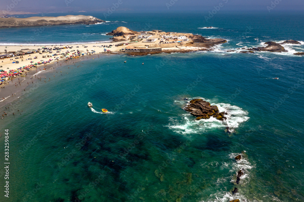 Panoramic aerial view of Tuquillo beach, in Huarmey, Peru. Huarmey is a summer place at noth of Lima, Peru.