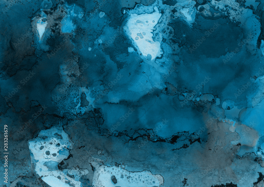 Hand painted blue alcohol ink background. Abstract delicate winter season texture. Contemporary wallpaper. 