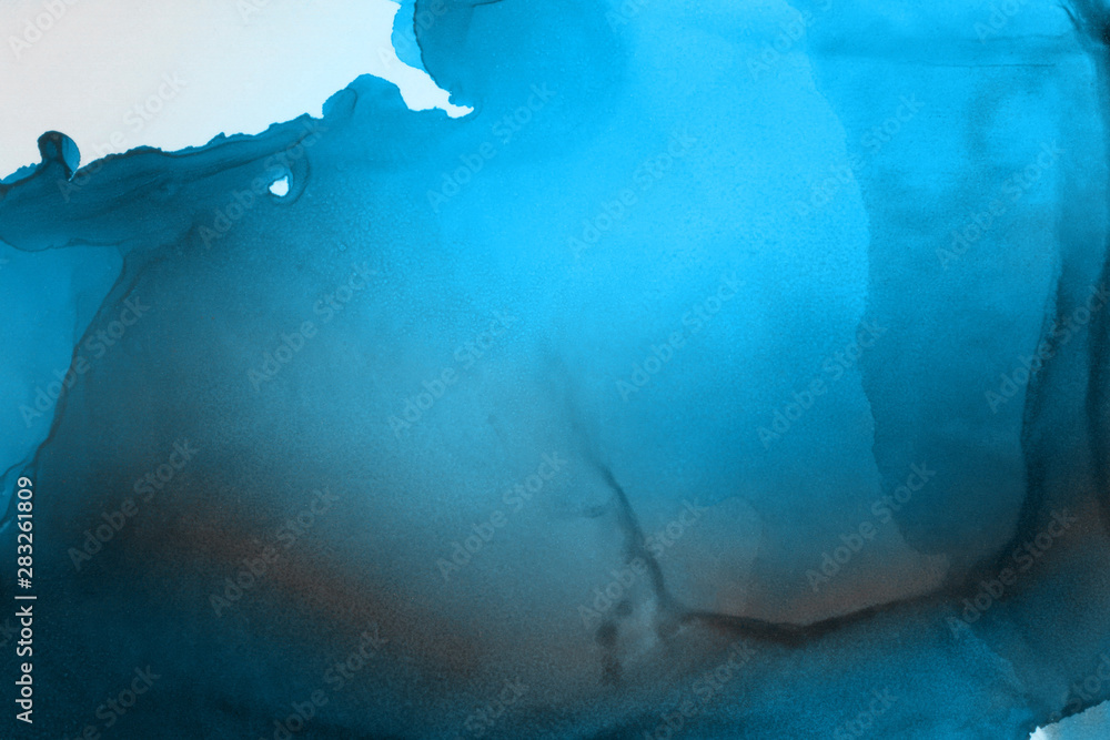 Hand painted blue alcohol ink background. Abstract delicate winter season texture. Contemporary wallpaper. 