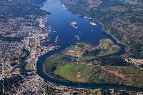 Obraz na plátně Aerial view of a small industrial town, Port Alberni, on Vancouver Island during a sunny summer morning