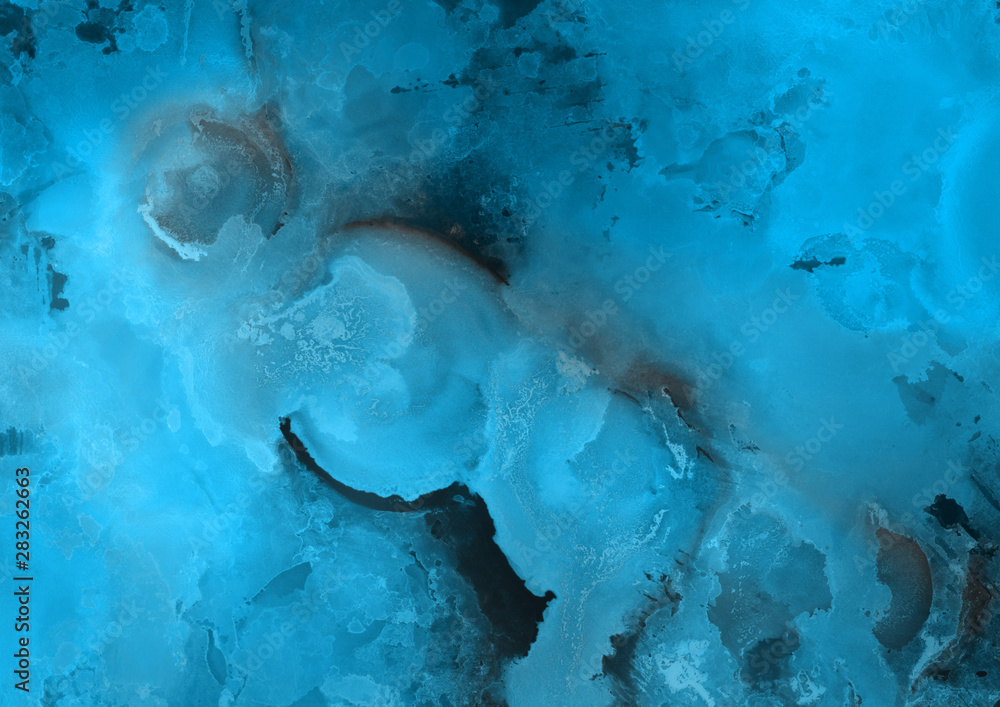 Fototapeta premium Hand painted blue alcohol ink background. Abstract delicate winter season texture. Contemporary wallpaper. 