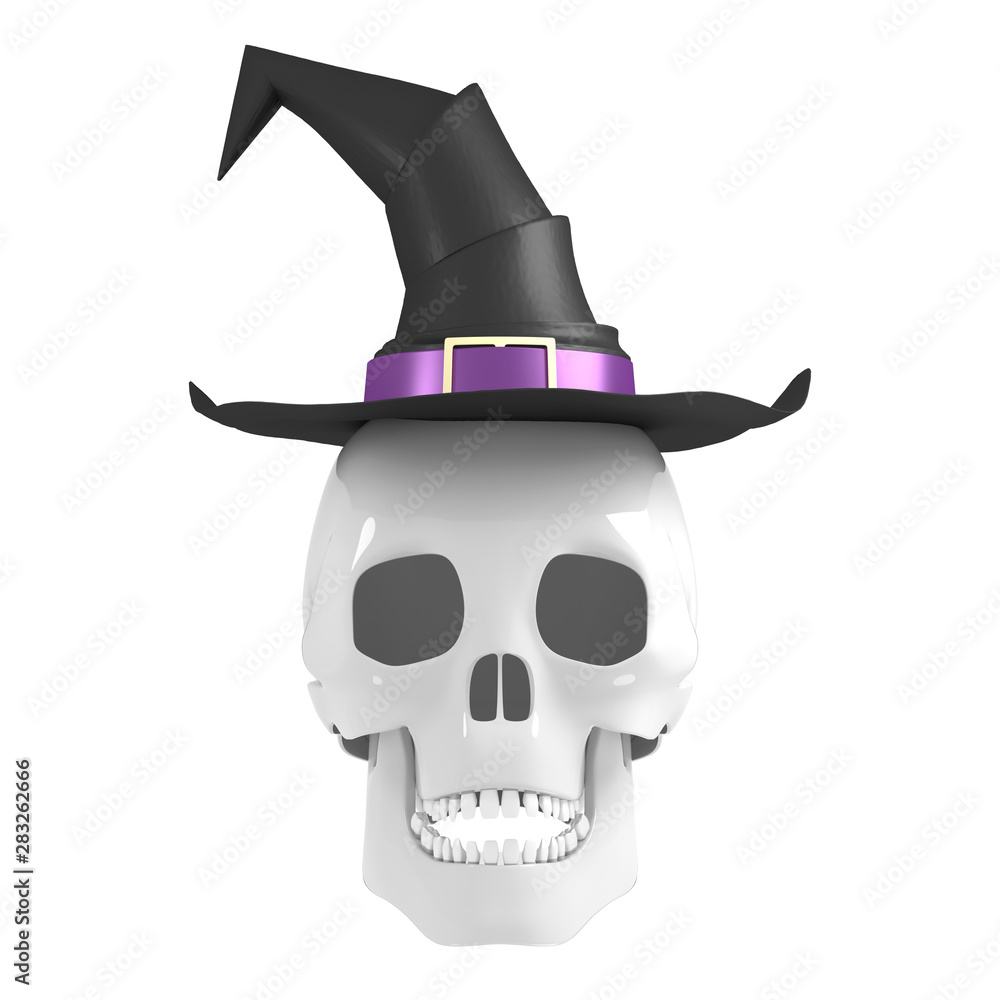 3D skull wearing witch hat - isolated on white background
