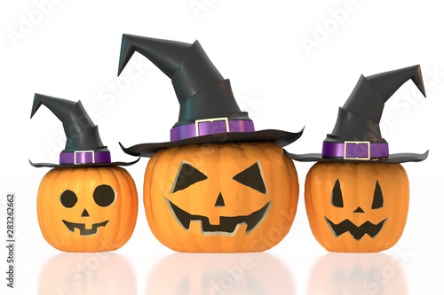 Halloween pumpkins wearing hats - isolated on white background
