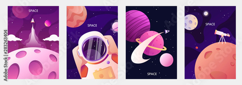 Astronaut in space. Planets of the solar system. Space travel and exploration. Set of cartoon vector templates for banners, cards, flyers, brochures.